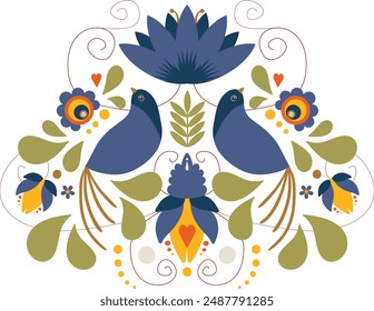 Slavic traditional illustration with colorful floral ornaments and birds.
Ethno style concept with repeating botanical elements.
Decorative and poetic vector illustration in native european style.