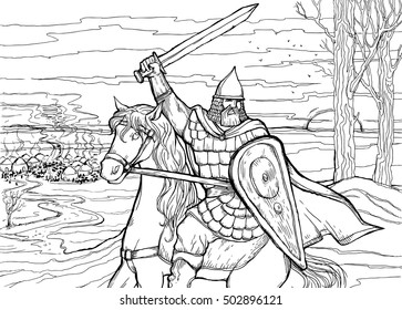 Slavic warrior on horseback preparing to attack the enemy camp