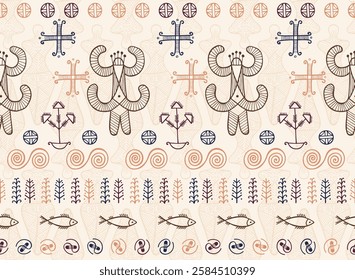 Slavic woman copper age symbol seamless ornament. Simple moldovan traditional motif. Naive slavic heritage mother archetype sculpture. Neolithic amulet riddle pattern.