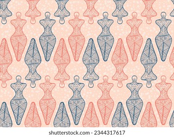 Slavic woman cucuteni symbol seamless pattern. Simple ukrainian traditional motif. Ancient slavic mythology fertility goddess sculpture. Easter egg symbols.