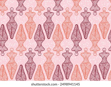 Slavic woman cucuteni symbol seamless ornament. Abstract european tribal motif. Naive slavic mythology fertility archetype sculpture. Female figure sketch.