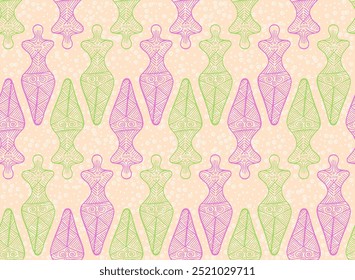 Slavic woman cucuteni symbol seamless pattern. Decorative ukrainian ethnic motif. Ancient pagan mythology harvest goddess silhouette. Historic berehynia shape.