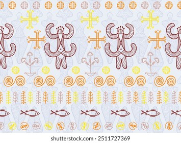 Slavic woman trypillia symbol seamless pattern. Magic romanian tribal motif. Naive pagan mythology harvest archetype figurine. Historic berehynia shape.
