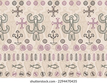 Slavic woman trypillian symbol endless ornament. Colorful trypillia culture traditional vector. Ancient slavic heritage mother goddess figurine. Woman body drawing.