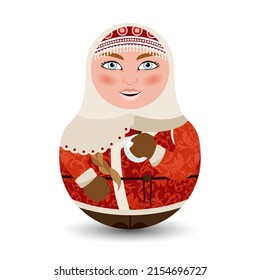 Slavic young lady. A woman in winter clothes holds a snowball in her hand. Designer tilting toy. Modern kawaii dolls for your business project. Flat vector illustration.