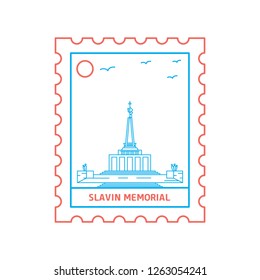 SLAVIN MEMORIAL postage stamp Blue and red Line Style, vector illustration