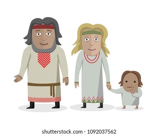 Slavs. People in national dress. Belarus, Poland, Russia, Ukraine, Bulgaria, Moldova. Family dressed in traditional costume. National clothes. Vector illustration.