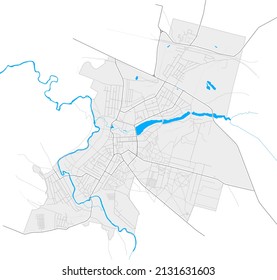 Slavuta, Khmelnytskyi Oblast, Ukraine high resolution vector map with city boundaries and outlined paths. White additional outlines for main roads. Many detailes. Blue shapes and lines for water.