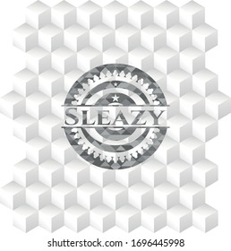Sleazy grey badge with geometric cube white background