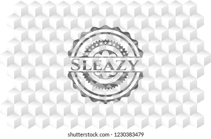 Sleazy retro style grey emblem with geometric cube white background