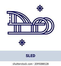 Sled for active winter recreation outline icon with title. Collection of icons on the theme of winter sports and outdoor recreation. Vector monochrome illustrations isolated on white background.