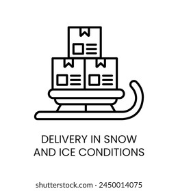 Sled delivery in snow and ice conditions, vector line icon with editable stroke