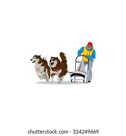 Sled dog racing sign. Dogteam driver and Siberian husky at snow winter competition race. Vector Illustration. Branding Identity Corporate logo design template Isolated on a white background