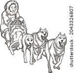 Sled dogs, animal helpers. Linear drawing of dogs driving a man, traditions of the northern peoples, black and white drawing.