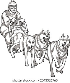 Sled dogs, animal helpers. Linear drawing of dogs driving a man, traditions of the northern peoples, black and white drawing.