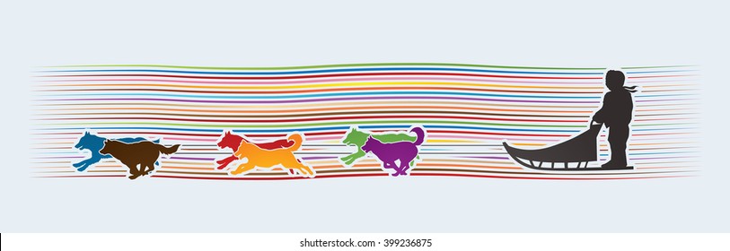 Sled Dogs designed on line rainbows background graphic vector.