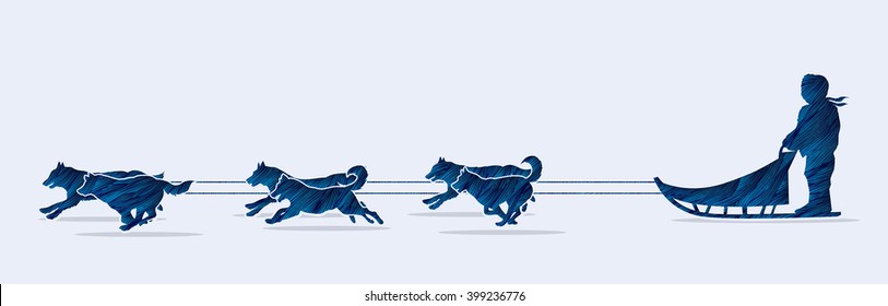 Sled Dogs designed using blue grunge brush graphic vector.