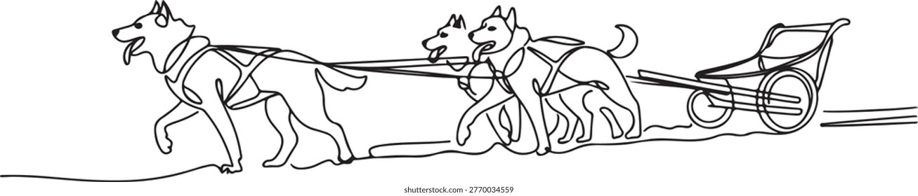Sled dogs pulling cart, dog team, mushing, adventure, teamwork, winter transportation, northern culture, athletic dogs.one line drawing vector illustration
