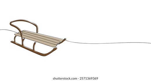 Sled drawn in continuous one-line style on white background. Minimalistic line art illustration for design and print in color. Winter activity and holiday season concept.