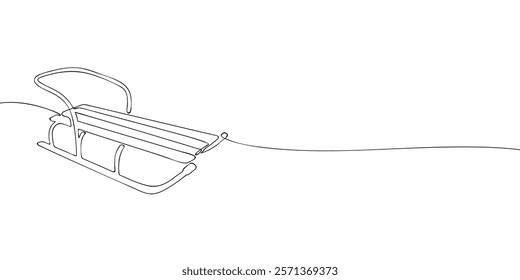 Sled drawn in continuous one-line style on white background. Minimalistic line art illustration for design and print. Winter activity and holiday season concept.