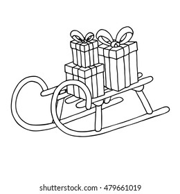 Sled with gift boxes, isolated on white background