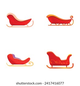 Sled icons set cartoon vector. Christmas red sleigh. New year festive composition