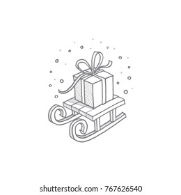 sled with New Year's gift vector drawing by hand, gift for the holiday