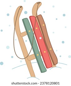 Sled on the snow. Colorful vector illustration for winter card, poster or banner	