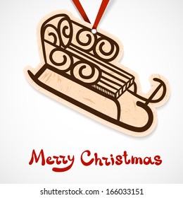 Sled. Paper label on ribbon. Christmas and New year design element
