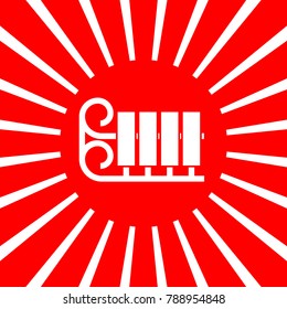 Sled or Sleigh icon. Vector. White icon on red sun with rays as background. Isolated.