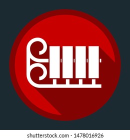 Sled or Sleigh icon. White icon with shadow on round red button at dark cyan background. Illustration.