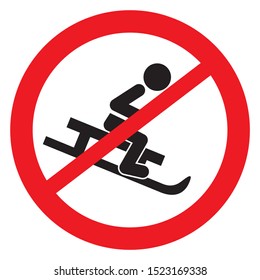 Sledding ban, black silhouette of sled with person at red circle frame, vector icon. Road sign on  white background.