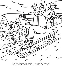 Sledding Boy with a Dog Coloring Page for Kids