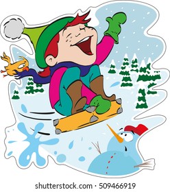 Sledding boy. Kid sledding in the snow with a suitcase.