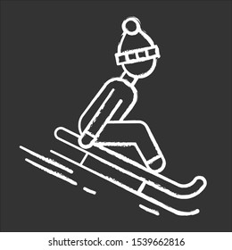 Sledding Chalk Icon. Winter Extreme Sport, Risky Activity And Adventure. Sleigh Riding. Cold Season Outdoor Leisure For Children And Adults. Person Sledging. Isolated Vector Chalkboard Illustration