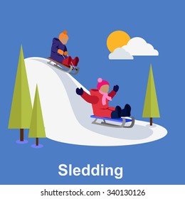 Sledding children design flat style. Sleigh toboggan, winter, sledge, snow and sled, slide and leisure, seasonal weather nature, downhill tobogganing, motion and recreation illustration