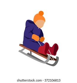 Sledding children design flat style. Sleigh toboggan, winter, sledge, snow and sled, slide and leisure, seasonal weather nature, downhill tobogganing, motion and recreation illustration