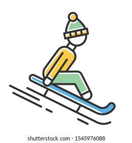 Sledding color icon. Winter extreme sport, risky activity and adventure. Sleigh riding. Cold season outdoor leisure for children and adults. Person sledging. Isolated vector illustration