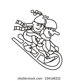 sledding, coloring book, vector icon