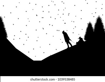 Sledding family with children in mountain in winter, one in the series of similar images silhouette