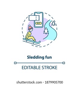 Sledding fun concept icon. Hygge lifestyle idea thin line illustration. Winter outdoor activity. Enjoying life simple pleasures. Vector isolated outline RGB color drawing. Editable stroke