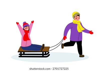 Diversão de dormir no inverno com uma criança aproveitando o passeio enquanto é puxado por um adulto em um cenário nevado