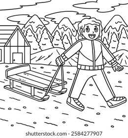 Sledding Girl Dragging a Sled Coloring Page 