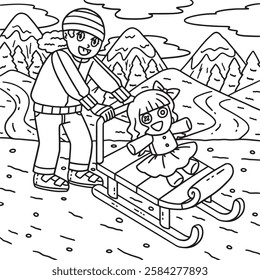 Sledding Girl Pushing Sled with a Doll Coloring 