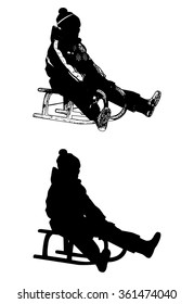 sledding illustration and silhouette - vector