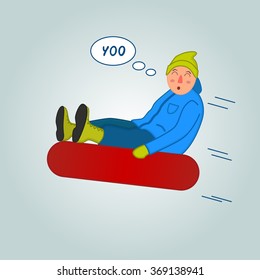 Sledding jumping pose on winter outdoor background with mountains. Special tricks isolated silhouette. Funny vector illustration. Tubing.