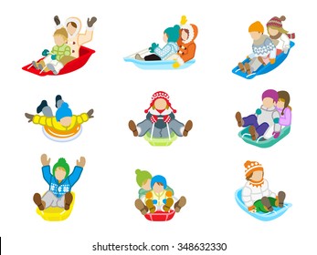 Sledding kids set Isolated