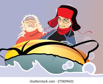 Sledding on a tube. Vector