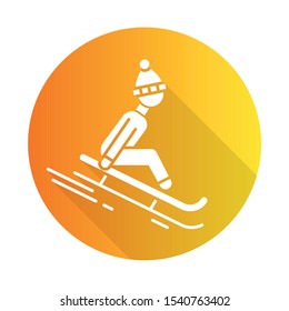 Sledding orange flat design long shadow glyph icon. Winter extreme sport, risky activity and adventure. Sleigh riding. Cold season outdoor leisure for children, adults. Vector silhouette illustration