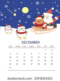 Sledding Santa and Rudolph December Calendar with penguin